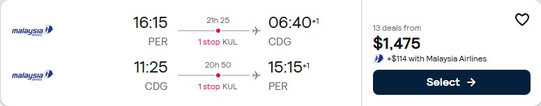 Click here to book this cheap flight deal. Cheap flights from Perth, Australia to Paris, France for only $1475 AUD roundtrip with Malaysia Airlines. Flight deal ticket image.