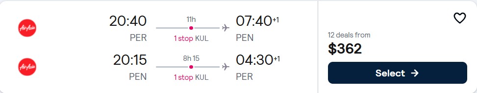 Click here to book this cheap flight deal. Cheap flights from Perth, Australia to Penang, Malaysia for only $362 AUD roundtrip. Flight deal ticket image.
