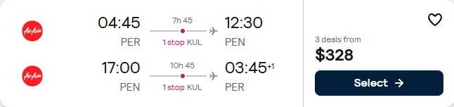 Click here to book this cheap flight deal. Cheap flights from Perth, Australia to Penang, Malaysia for only $328 AUD roundtrip. Flight deal ticket image.