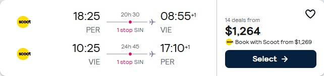 Click here to book this cheap flight deal. Summer flights from Perth, Australia to Vienna, Austria for only $1264 AUD roundtrip. Flight deal ticket image.