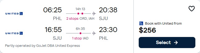 Cheap flights from Philadelphia to San Juan, Puerto Rico for only $256 roundtrip with United Airlines. Flight deal ticket image.
