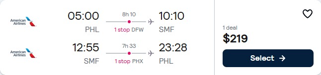 Click here to book this cheap flight deal. Summer flights from Philadelphia to Sacramento, California for only $219 roundtrip with American Airlines. Also works in reverse. Flight deal ticket image.