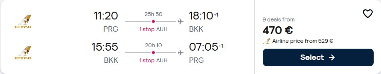 Click here to book this cheap flight deal. Cheap flights from Prague, Czech Republic to Bangkok, Thailand for only €470 roundtrip with Etihad Airways. Flight deal ticket image.