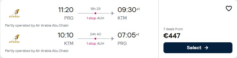 Click here to book this cheap flight deal. Summer flights from Prague, Czech Republic to Kathmandu, Nepal for only €447 roundtrip with Etihad Airways. Flight deal ticket image.