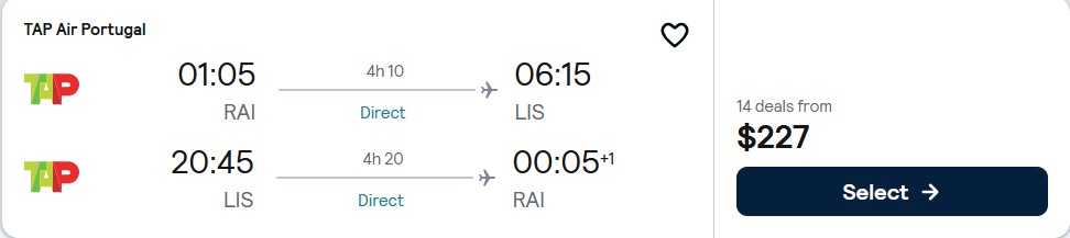 Click here to book this cheap flight deal. Non-stop flights from Praia, Cape Verde to Lisbon, Portugal for only $227 USD roundtrip with TAP Air Portugal. Flight deal ticket image.