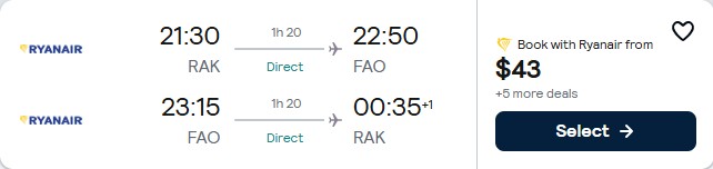 Click here to book this cheap flight deal. Non-stop, summer flights from Marrakesh, Morocco to Faro, Portugal for only $41 USD roundtrip. Flight deal ticket image.