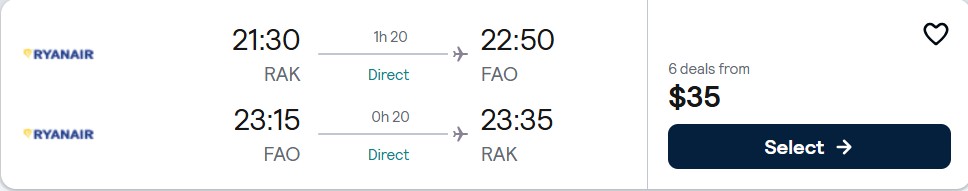 Non-stop flights from Marrakesh, Morocco to Faro, Portugal for only $35 USD roundtrip. Flight deal ticket image.
