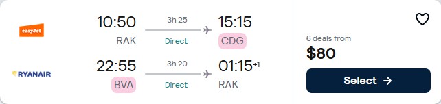 Click here to book this cheap flight deal. Non-stop flights from Marrakesh, Morocco to Paris, France for only $79 USD roundtrip. Flight deal ticket image.