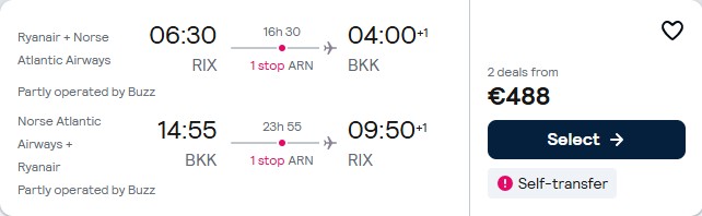 Click here to book this cheap flight deal. Cheap flights from Riga, Latvia to Bangkok, Thailand for only €488 roundtrip. Flight deal ticket image.