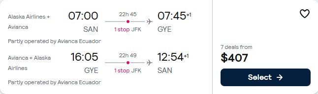 Cheap flights from San Diego to Guayaquil, Ecuador for only $407 roundtrip with Alaska Airlines and Avianca. Flight deal ticket image.