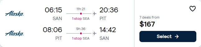 Click here to book this cheap flight deal. Cheap flights from San Diego to Pittsburgh for only $167 roundtrip with Alaska Airlines. Also works in reverse. Flight deal ticket image.
