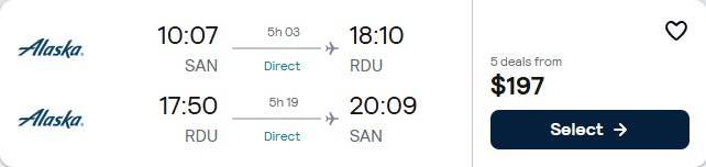 Click here to book this cheap flight deal. Non-stop, summer flights from San Diego to Raleigh, North Carolina for only $197 roundtrip with Alaska Airlines. Also works in reverse. Flight deal ticket image.