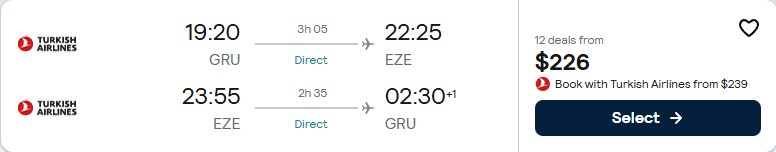 Click here to book this cheap flight deal. Non-stop flights from Sao Paulo, Brazil to Buenos Aires, Argentina for only $226 USD roundtrip with Turkish Airlines. Flight deal ticket image.
