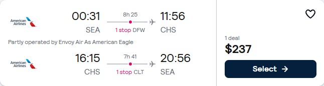 Click here to book this cheap flight deal. Cheap flights from Seattle to Charleston, South Carolina for only $237 roundtrip with American Airlines. Also works in reverse. Flight deal ticket image.