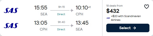 Click here to book this cheap flight deal. Non-stop flights from Seattle to Copenhagen, Denmark for only $432 roundtrip with Scandinavian Airlines. Flight deal ticket image.