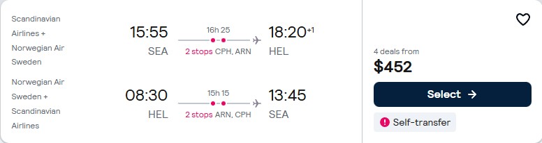 Click here to book this cheap flight deal. Cheap flights from Seattle to Helsinki, Finland for only $452 roundtrip with Scandinavian Airlines. Flight deal ticket image.
