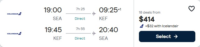 Click here to book this cheap flight deal. Non-stop flights from Seattle to Reykjavik, Iceland for only $414 roundtrip. Flight deal ticket image.