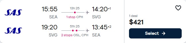 Click here to book this cheap flight deal. Cheap flights from Seattle to Stavanger, Norway for only $421 roundtrip with Scandinavian Airlines. Flight deal ticket image.