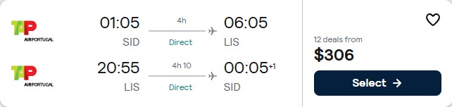 Non-stop flights from Sal, Cape Verde to Lisbon, Portugal for only $306 USD roundtrip with TAP Air Portugal. Flight deal ticket image.