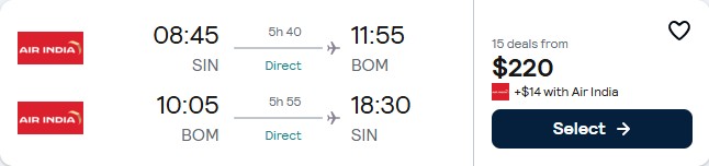 Non-stop flights from Singapore to Mumbai, India for only $220 USD roundtrip. Flight deal ticket image.