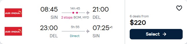 Cheap flights from Singapore to Delhi, India for only $220 USD roundtrip. Flight deal ticket image.