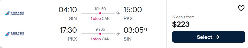 Click here to book this cheap flight deal. Cheap flights from Singapore to Beijing, China for only $223 USD roundtrip. Flight deal ticket image.