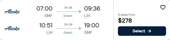 Click here to book this cheap flight deal. Non-stop, summer flights from Sacramento, California to Lihue, Hawaii for only $270 roundtrip with Alaska Airlines. Also works in reverse. Flight deal ticket image.