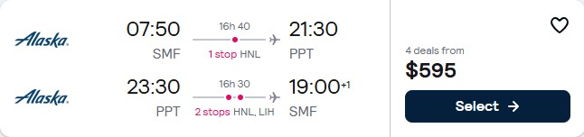 Click here to book this cheap flight deal. Summer and Christmas flights from Sacramento, California to Tahiti, French Polynesia for only $595 roundtrip with Alaska Airlines. Flight deal ticket image.