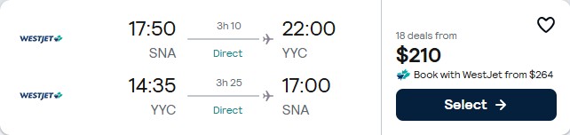Click here to book this cheap flight deal. Non-stop flights from Santa Ana, California to Calgary, Canada for only $210 roundtrip. Flight deal ticket image.
