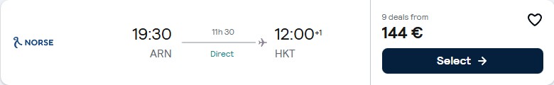 Click here to book this cheap flight deal. Non-stop flights from Stockholm, Sweden or Oslo, Norway to Phuket, Thailand from only €144 one-way. Flight deal ticket image.