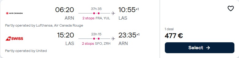 Cheap flights from Stockholm, Sweden to Las Vegas, USA for only €477 roundtrip with Lufthansa, Air Canada, United Airlines and Swiss International Air Lines. Flight deal ticket image.