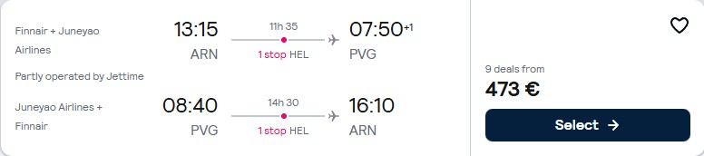 Click here to book this cheap flight deal. Cheap flights from Stockholm, Sweden to Shanghai, China for only €473 roundtrip with Finnair. Flight deal ticket image.