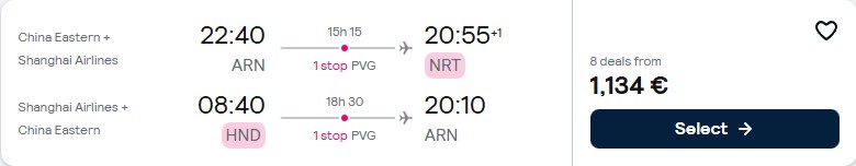 Click here to book this cheap flight deal. Business Class, summer flights from Stockholm, Sweden to Tokyo, Japan for only €1127 roundtrip. Flight deal ticket image.