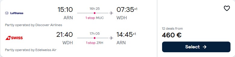 Click here to book this cheap flight deal. Cheap flights from Stockholm, Sweden to Windhoek, Namibia for only €460 roundtrip with Lufthansa and Swiss International Air Lines. Flight deal ticket image.