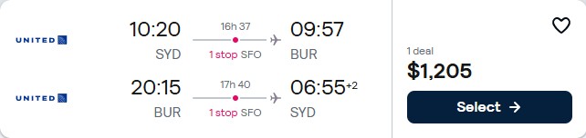 Summer flights from Sydney, Australia to Burbank, California for only $1205 AUD roundtrip with United Airlines. Flight deal ticket image.