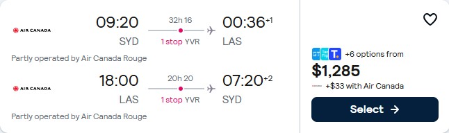 Summer flights from Sydney, Australia to Las Vegas, USA for only $1285 AUD roundtrip with Air Canada. Flight deal ticket image.