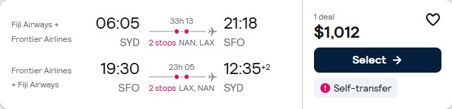 Click here to book this cheap flight deal. Cheap flights from Sydney, Australia to San Francisco, USA for only $1012 AUD roundtrip with Fiji Airways. Flight deal ticket image.