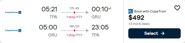 Summer flights from Tampa, Florida to Sao Paulo, Brazil for only $492 roundtrip with Copa Airlines. Flight deal ticket image.
