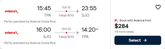 Click here to book this cheap flight deal. Summer and Christmas flights from Tampa, Florida to San Jose, Costa Rica for only $284 roundtrip with Avianca. Flight deal ticket image.