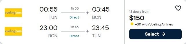 Click here to book this cheap flight deal. Non-stop, summer flights from Tunis, Tunisia to Barcelona, Spain for only $132 USD roundtrip. Flight deal ticket image.