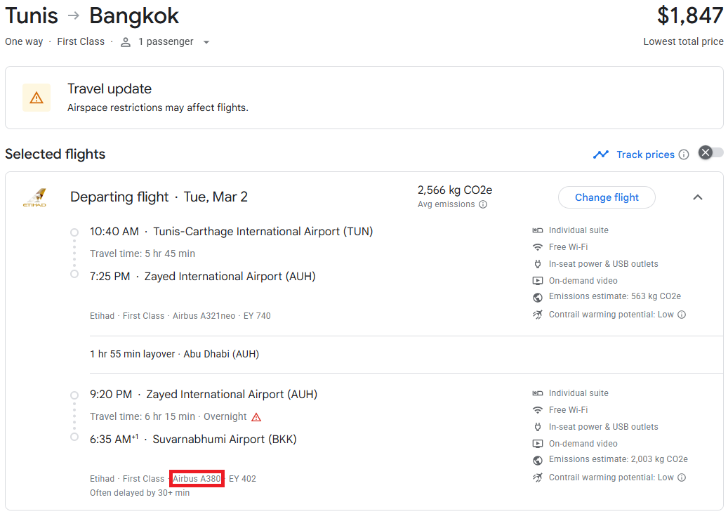 Fly on Etihad's First Class 'Apartment' on the Airbus A380 from Tunis, Tunisia to Bangkok, Thailand for only $1847 USD one-way. Flight deal ticket image.