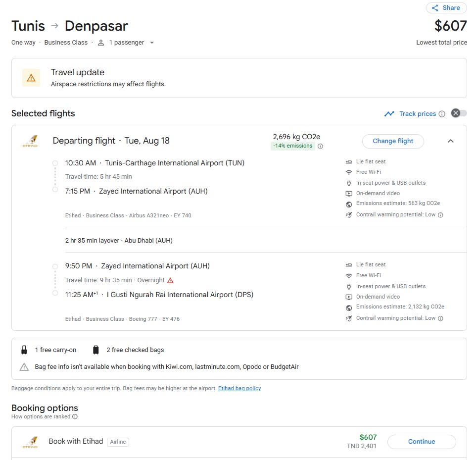 Business Class flights from Tunis, Tunisia to Bali, Indonesia for only $607 USD one-way with Etihad Airways. Flight deal ticket image.