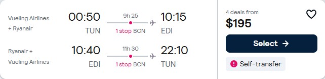 Click here to book this cheap flight deal. Summer flights from Tunis, Tunisia to Edinburgh, Scotland for only $195 USD roundtrip. Flight deal ticket image.