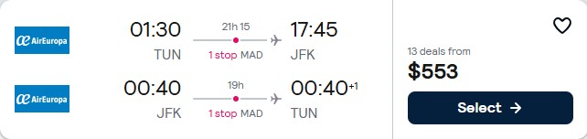Cheap flights from Tunis, Tunisia to New York, USA for only $553 USD roundtrip with Air Europa. Flight deal ticket image.