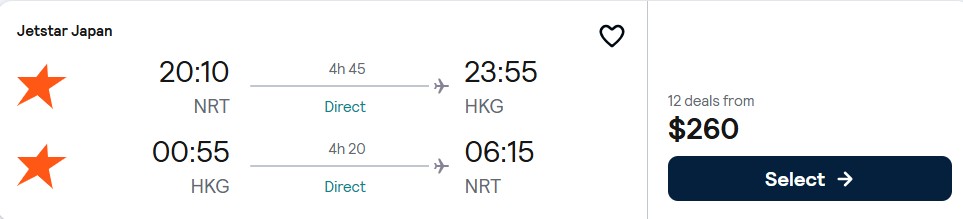 Click here to book this cheap flight deal. Non-stop flights from Tokyo, Japan to Hong Kong for only $260 USD roundtrip. Flight deal ticket image.