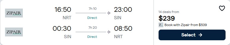 Non-stop flights from Tokyo, Japan to Singapore for only $239 USD roundtrip. Flight deal ticket image.