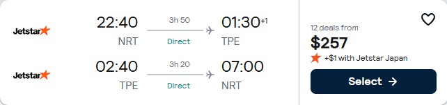 Click here to book this cheap flight deal. Non-stop flights from Tokyo, Japan to Taipei, Taiwan for only $257 USD roundtrip. Flight deal ticket image.