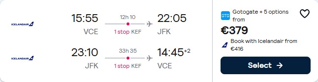 Click here to book this cheap flight deal. Cheap flights from Venice, Italy to New York, USA for only €379 roundtrip. Flight deal ticket image.