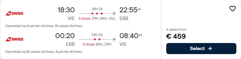Cheap flights from Vienna, Austria to Entebbe, Uganda for only €459 roundtrip with Austrian Airlines and Brussels Airlines. Flight deal ticket image.
