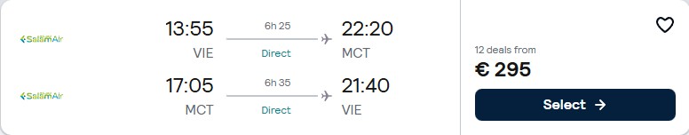 Non-stop flights from Vienna, Austria to Muscat, Oman for only €295 roundtrip. Flight deal ticket image.